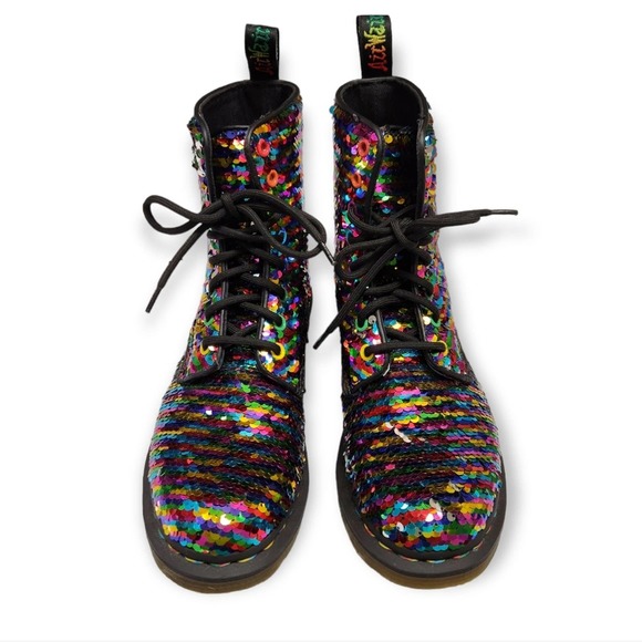 Dr Doc Martens Pascal Boots Sequin Rainbow / Silver Moto Size 5 UK / 7 Women's - Picture 5 of 12
